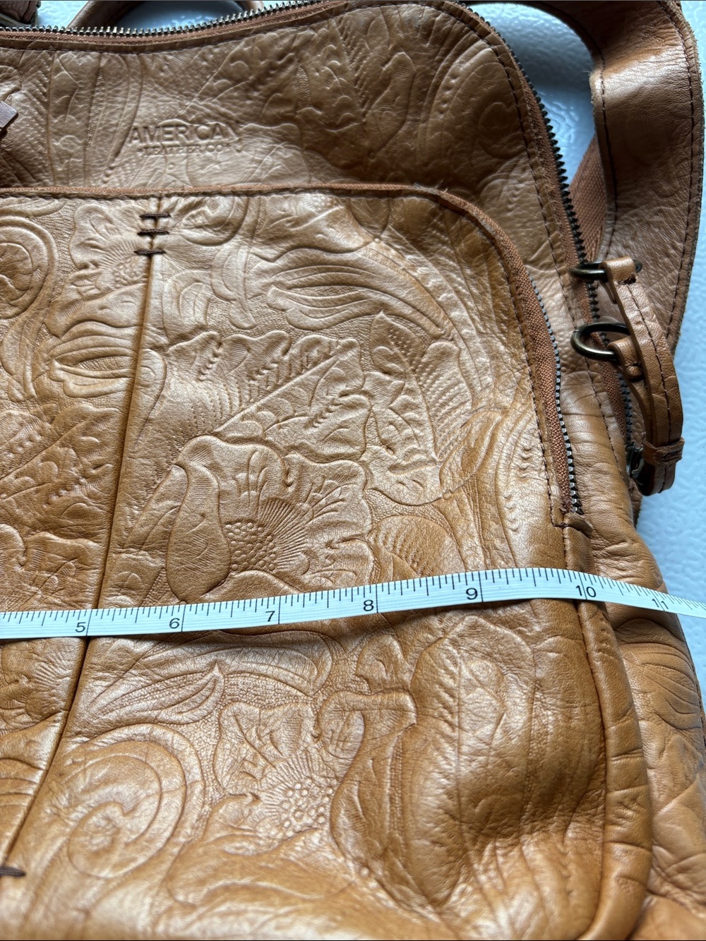 American Leather Tan Embossed Leather Backpack with Two Front Zip Pockets - Picture 9 of 15